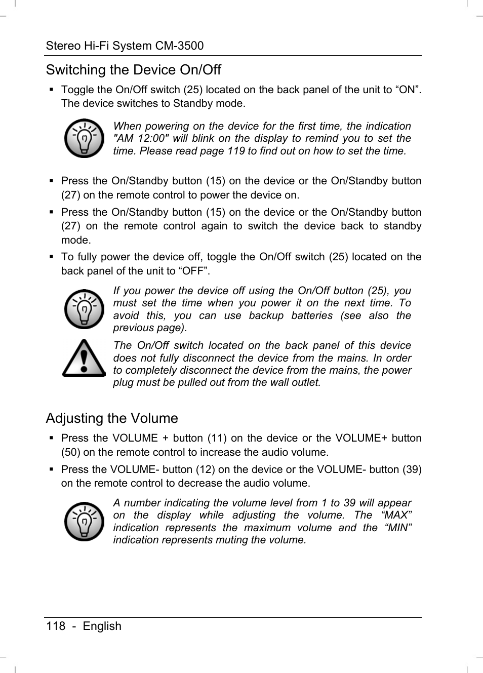 Switching the device on/off, Adjusting the volume | Silvercrest CM-3500 User Manual | Page 120 / 141