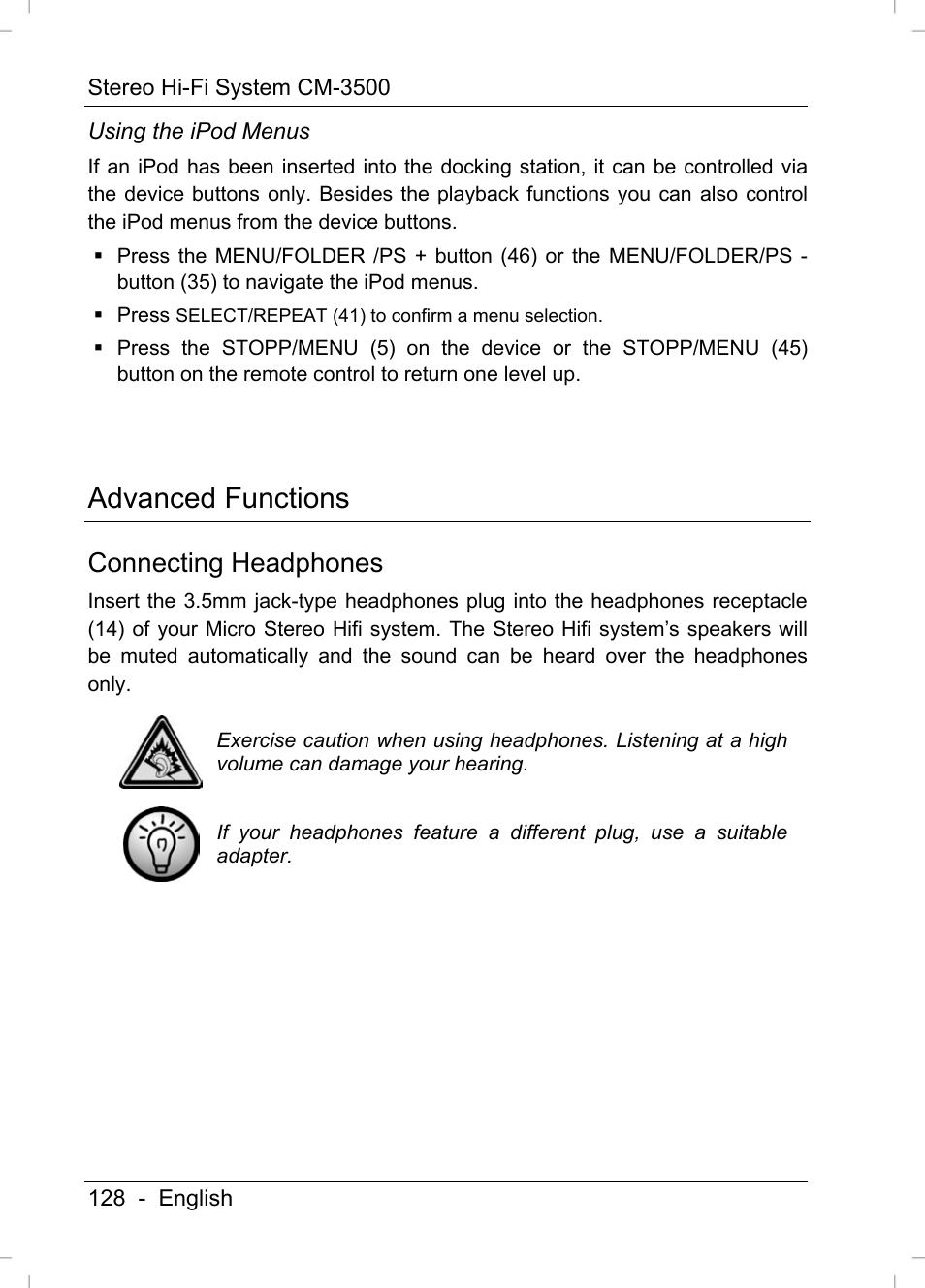 Advanced functions, Connecting headphones | Silvercrest CM-3500 User Manual | Page 130 / 141