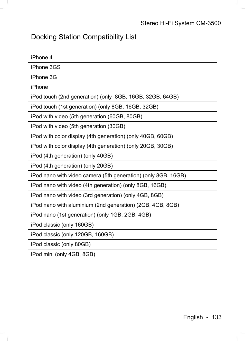 Docking station compatibility list | Silvercrest CM-3500 User Manual | Page 135 / 141