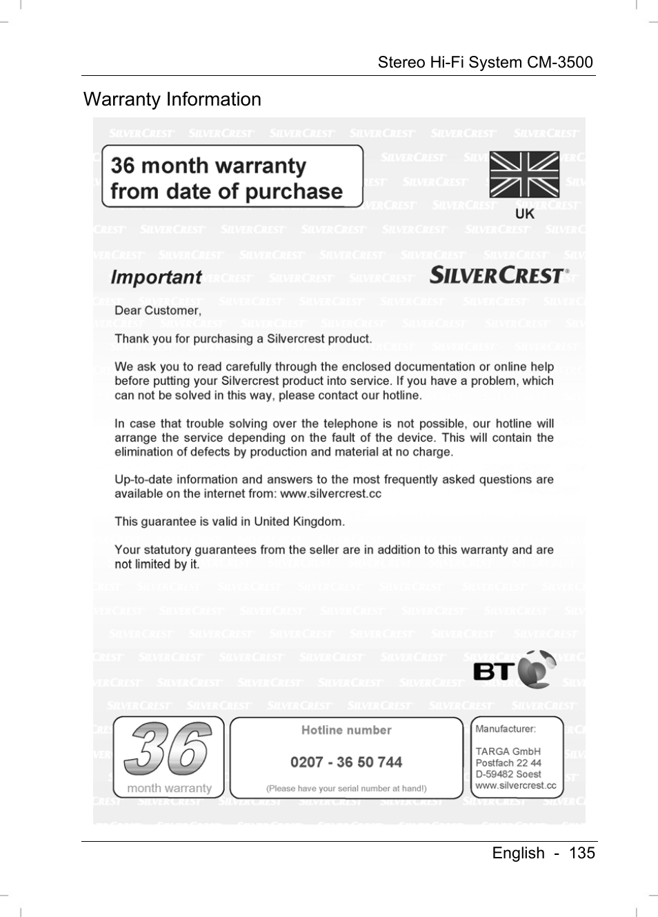 Warranty information | Silvercrest CM-3500 User Manual | Page 137 / 141