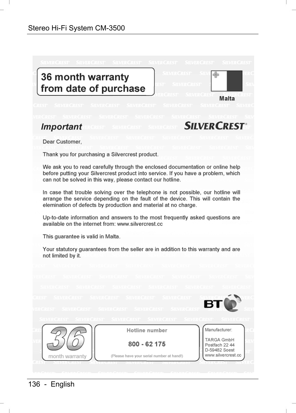 Silvercrest CM-3500 User Manual | Page 138 / 141