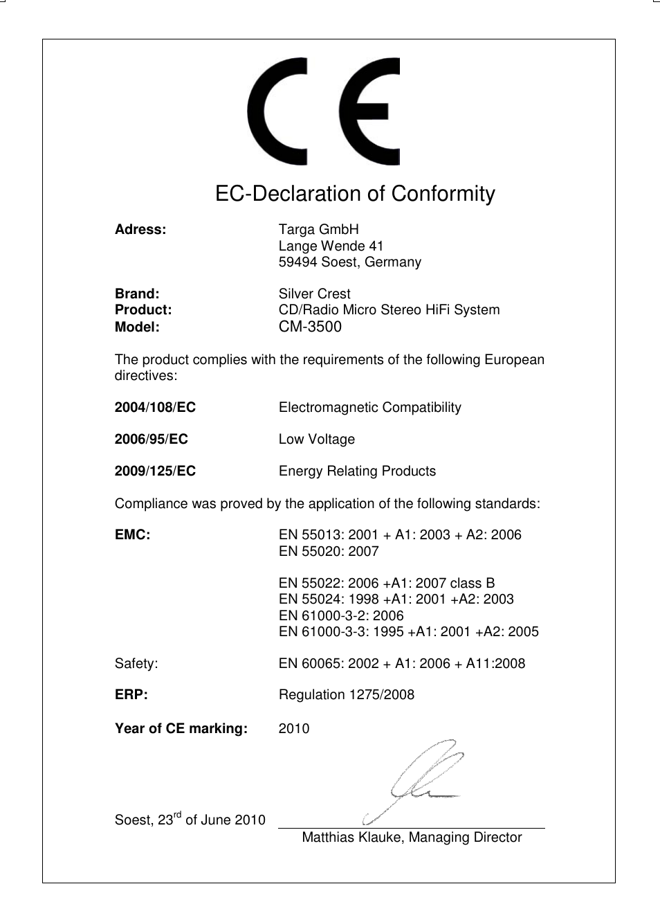 Ec-declaration of conformity | Silvercrest CM-3500 User Manual | Page 140 / 141