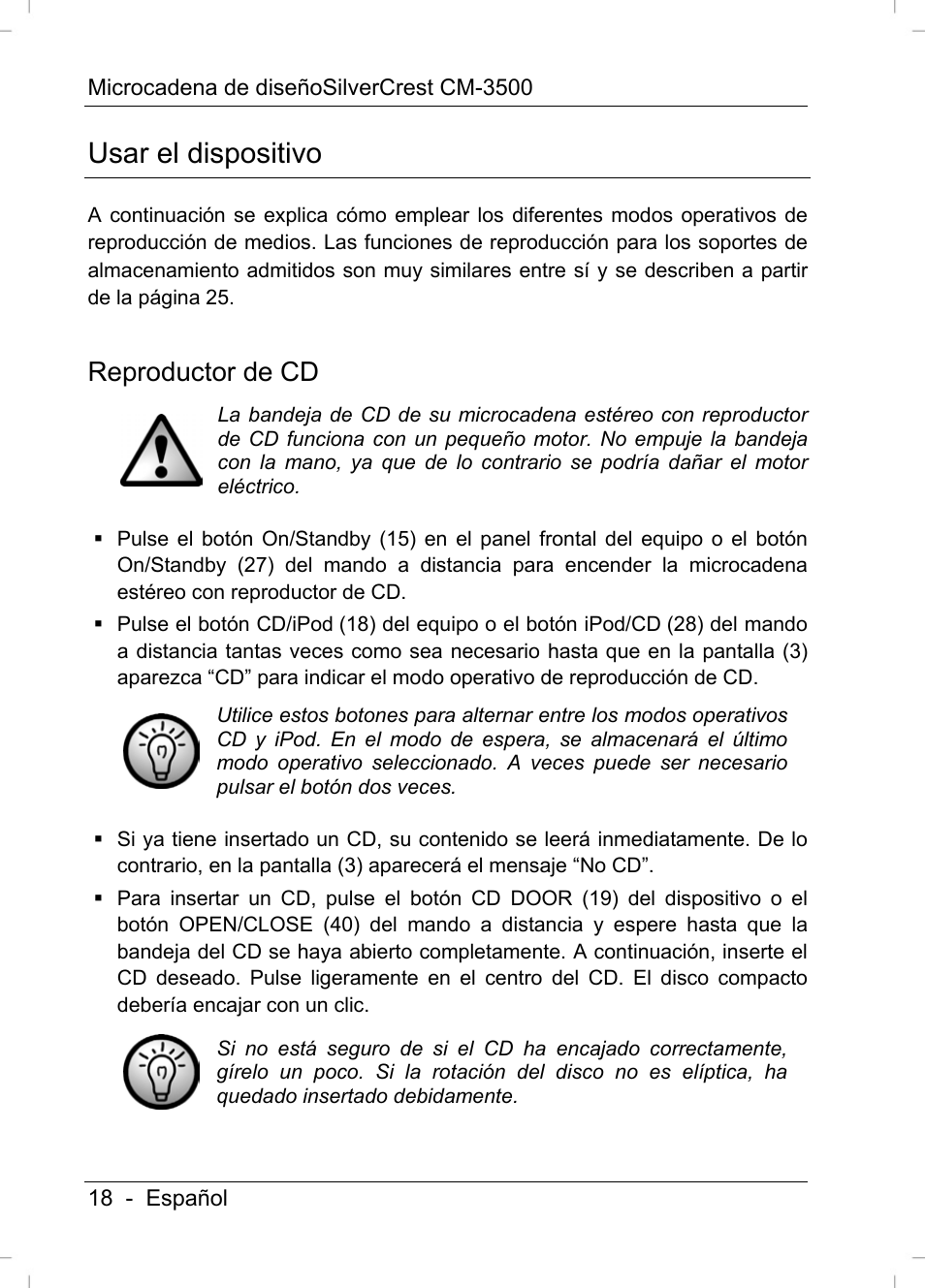 Usar el dispositivo, Reproductor de cd | Silvercrest CM-3500 User Manual | Page 20 / 141