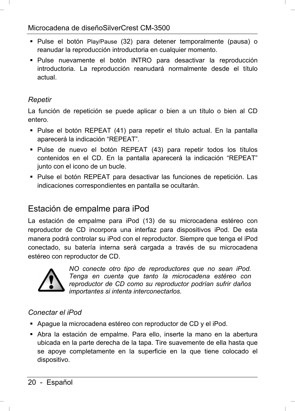 Estación de empalme para ipod | Silvercrest CM-3500 User Manual | Page 22 / 141