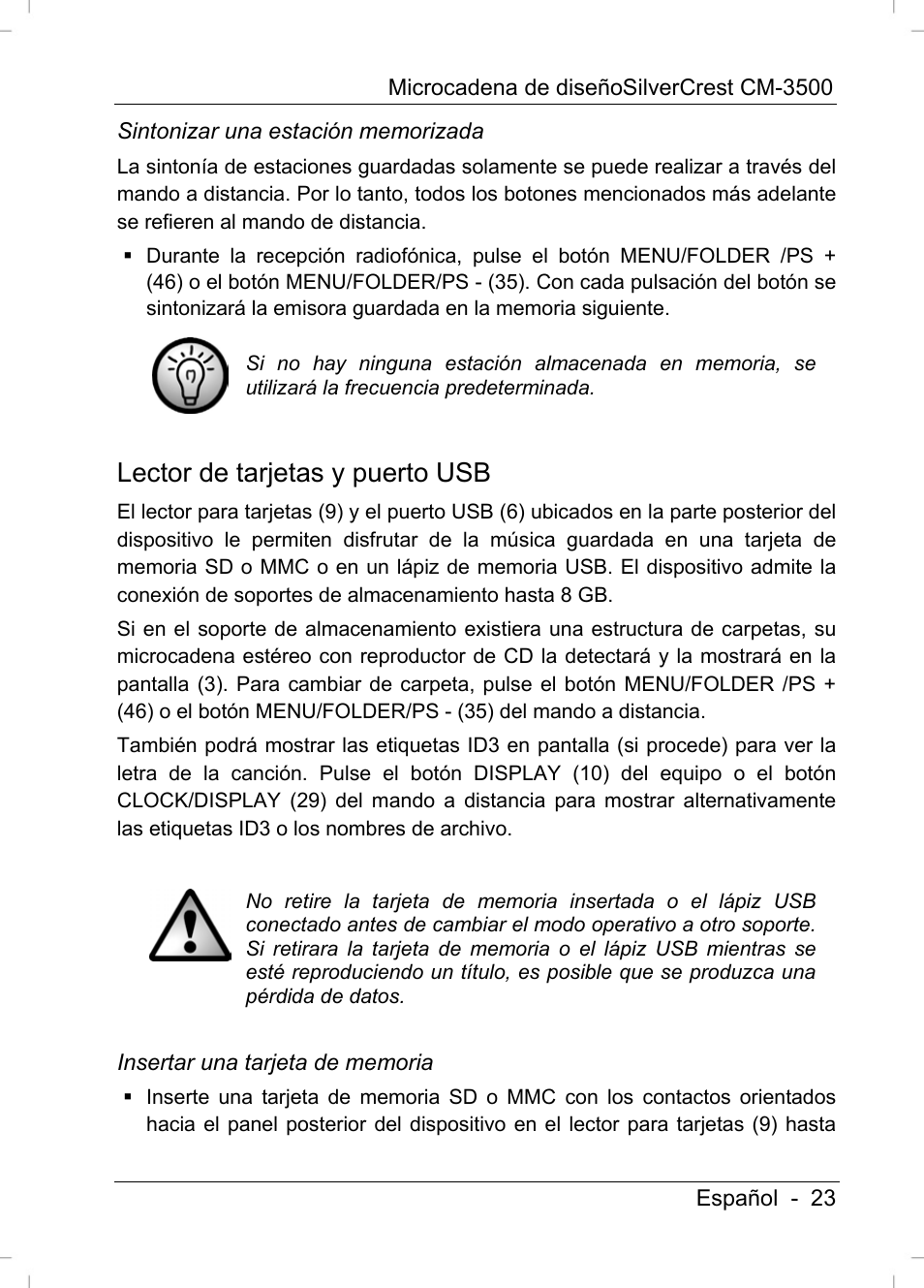 Lector de tarjetas y puerto usb | Silvercrest CM-3500 User Manual | Page 25 / 141