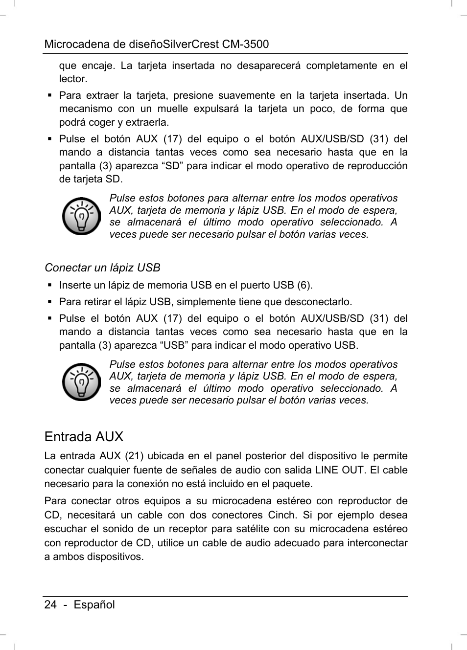 Entrada aux | Silvercrest CM-3500 User Manual | Page 26 / 141