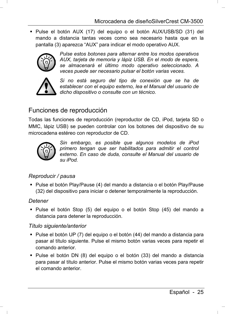 Funciones de reproducción | Silvercrest CM-3500 User Manual | Page 27 / 141