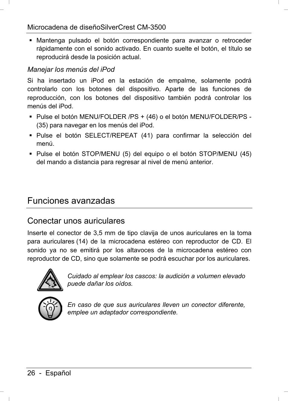 Funciones avanzadas, Conectar unos auriculares | Silvercrest CM-3500 User Manual | Page 28 / 141