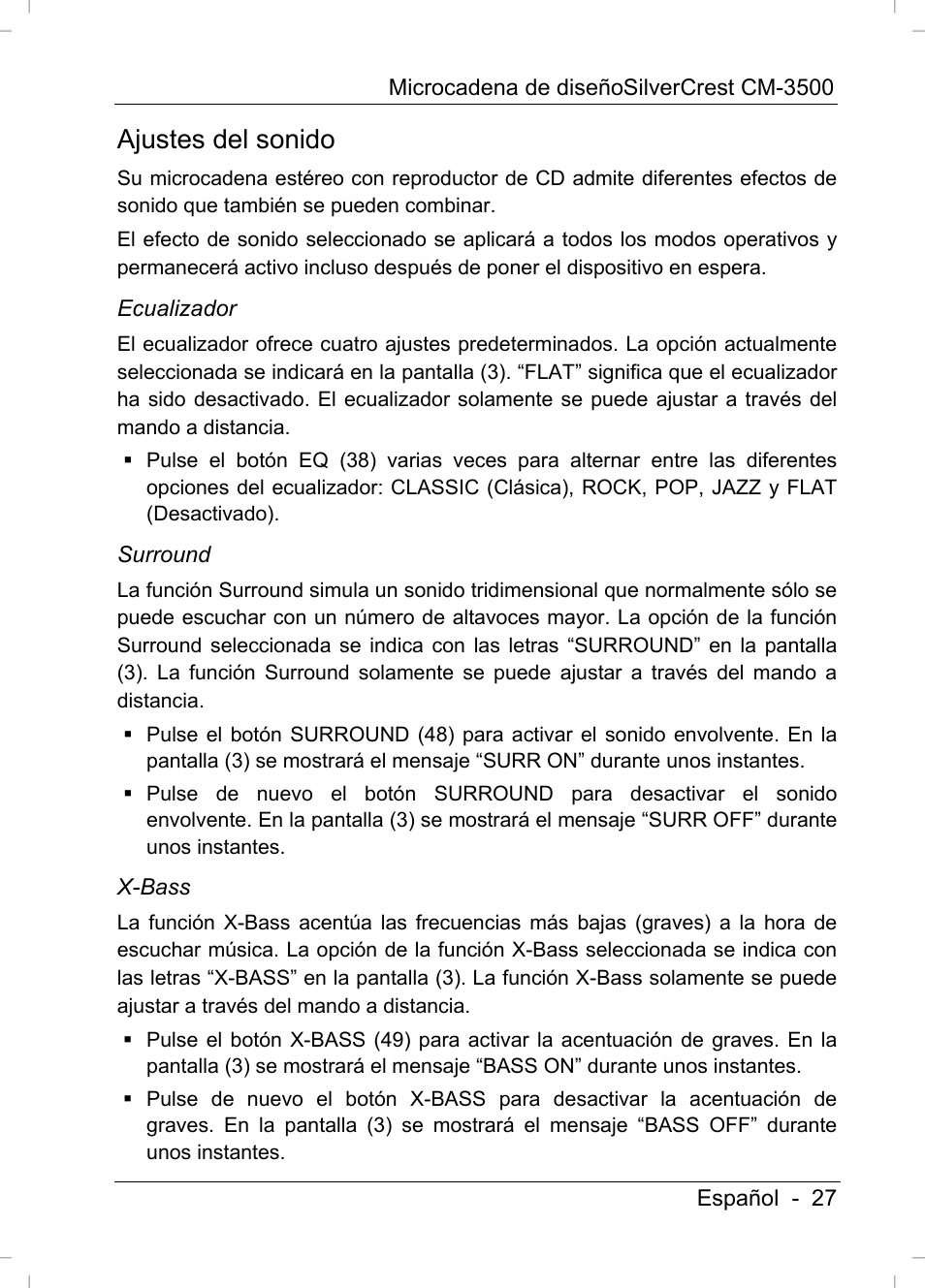 Ajustes del sonido | Silvercrest CM-3500 User Manual | Page 29 / 141