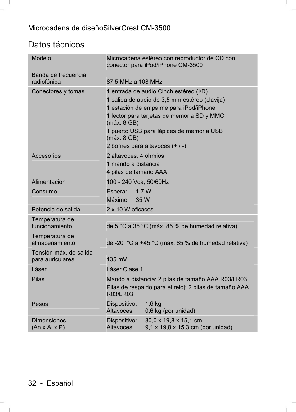 Datos técnicos | Silvercrest CM-3500 User Manual | Page 34 / 141