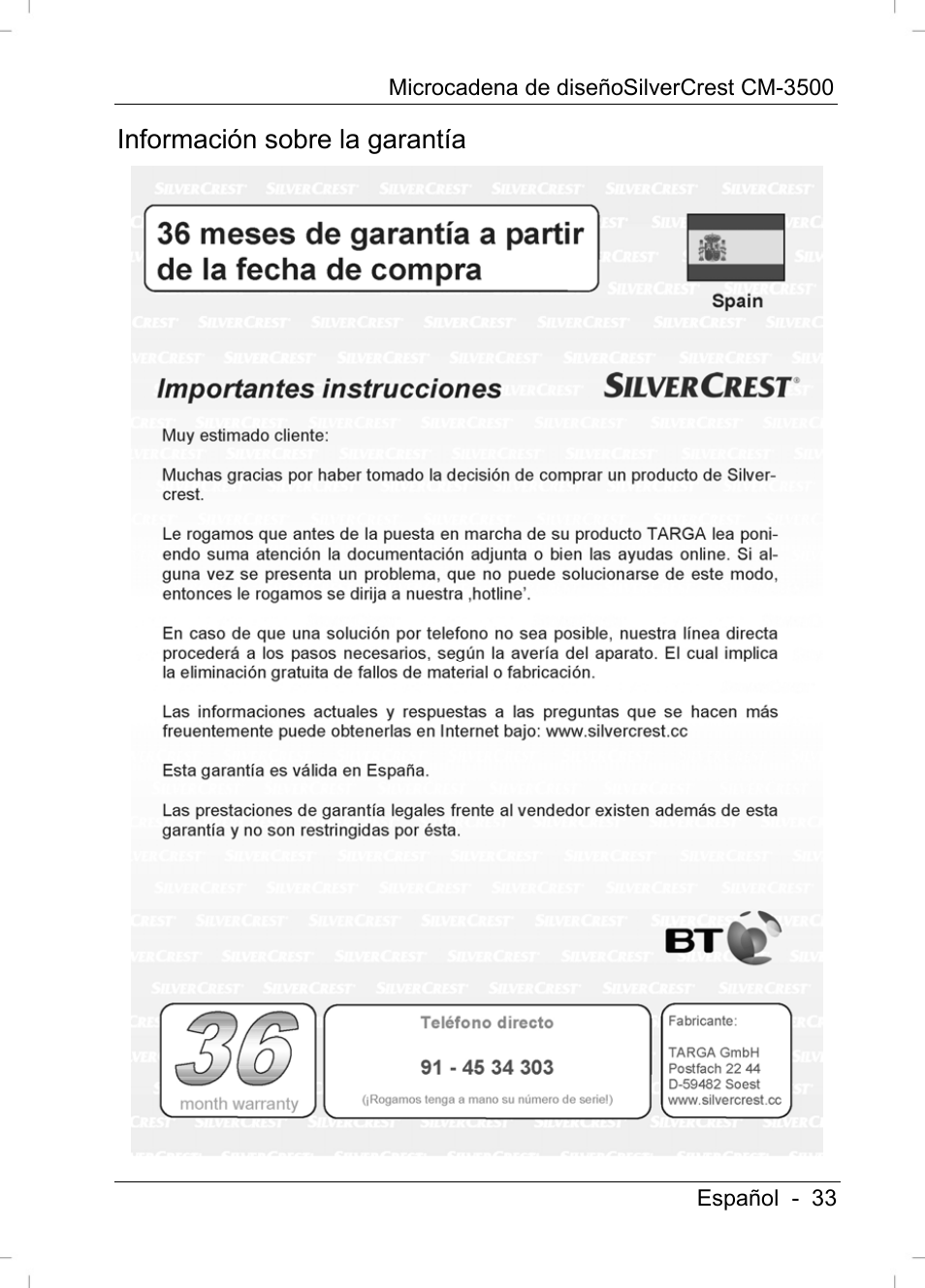 Información sobre la garantía | Silvercrest CM-3500 User Manual | Page 35 / 141