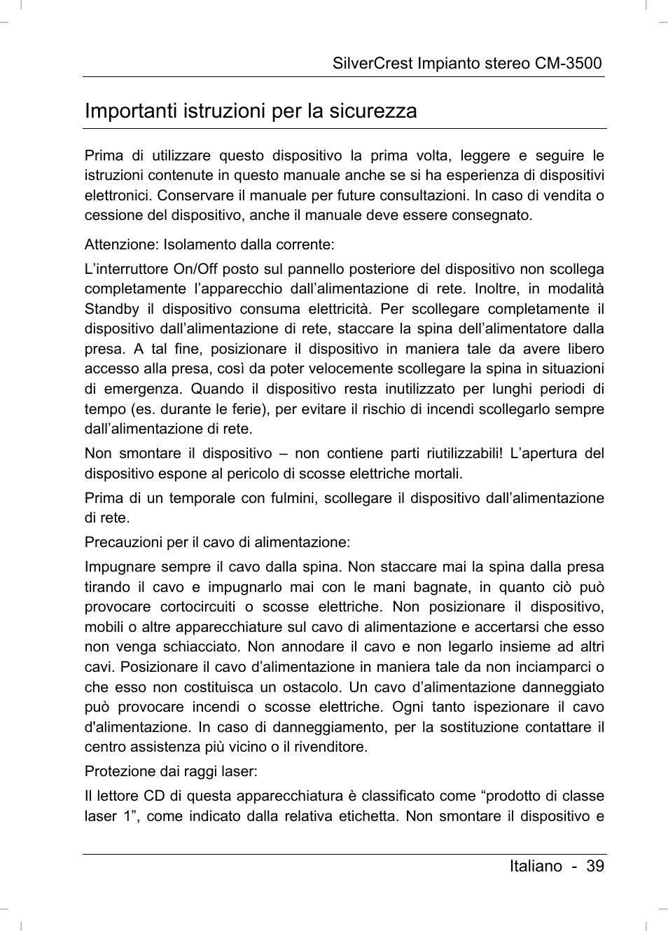 Importanti istruzioni per la sicurezza | Silvercrest CM-3500 User Manual | Page 41 / 141