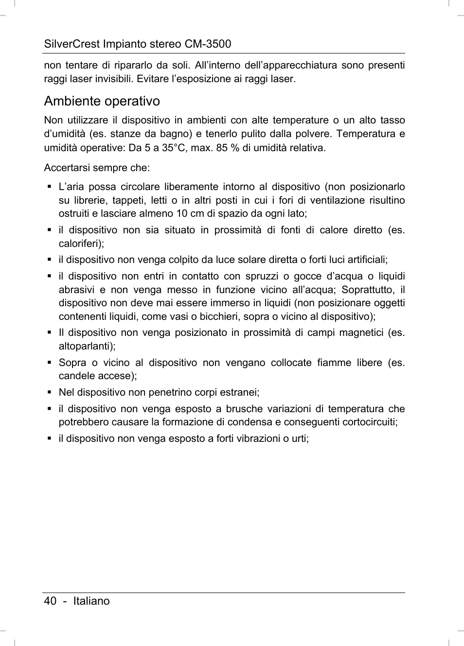 Ambiente operativo | Silvercrest CM-3500 User Manual | Page 42 / 141