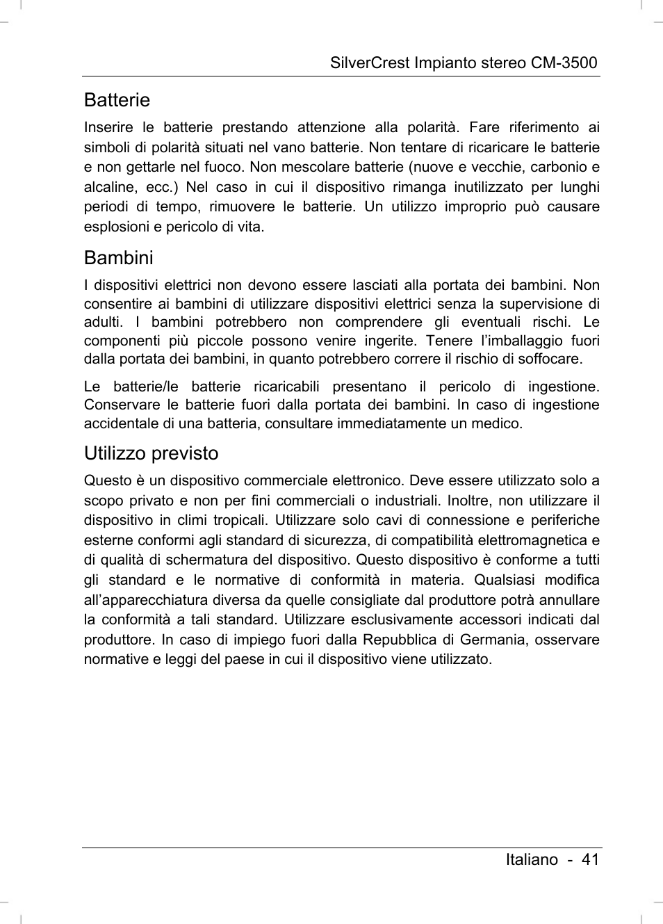 Batterie, Bambini, Utilizzo previsto | Silvercrest CM-3500 User Manual | Page 43 / 141