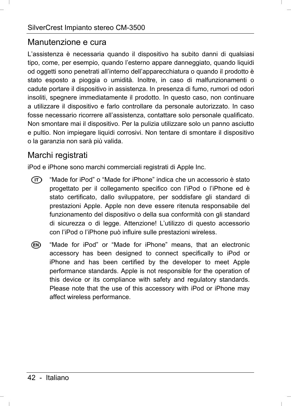 Manutenzione e cura, Marchi registrati | Silvercrest CM-3500 User Manual | Page 44 / 141