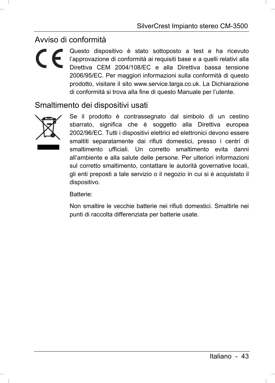 Avviso di conformità, Smaltimento dei dispositivi usati | Silvercrest CM-3500 User Manual | Page 45 / 141