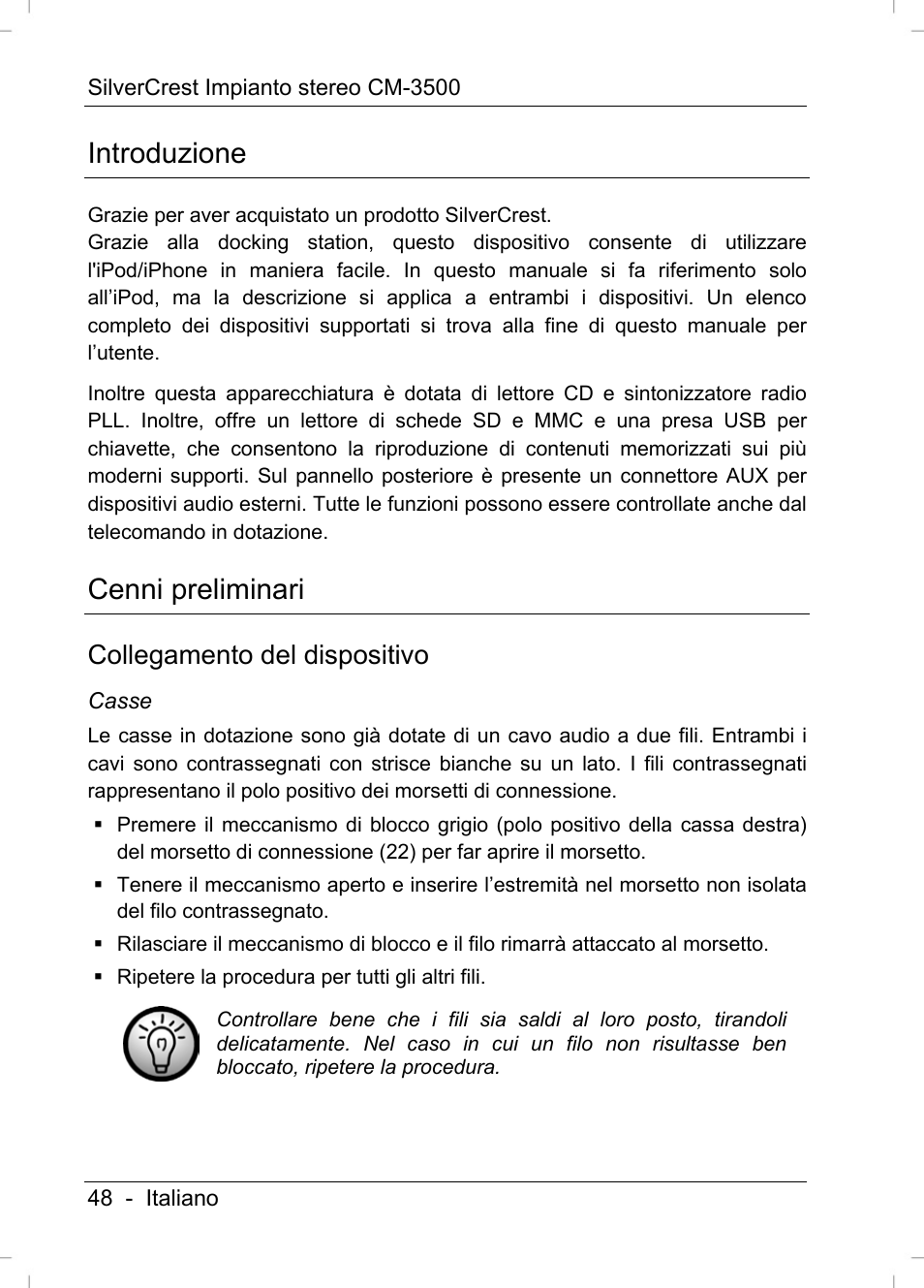 Introduzione, Cenni preliminari, Collegamento del dispositivo | Silvercrest CM-3500 User Manual | Page 50 / 141