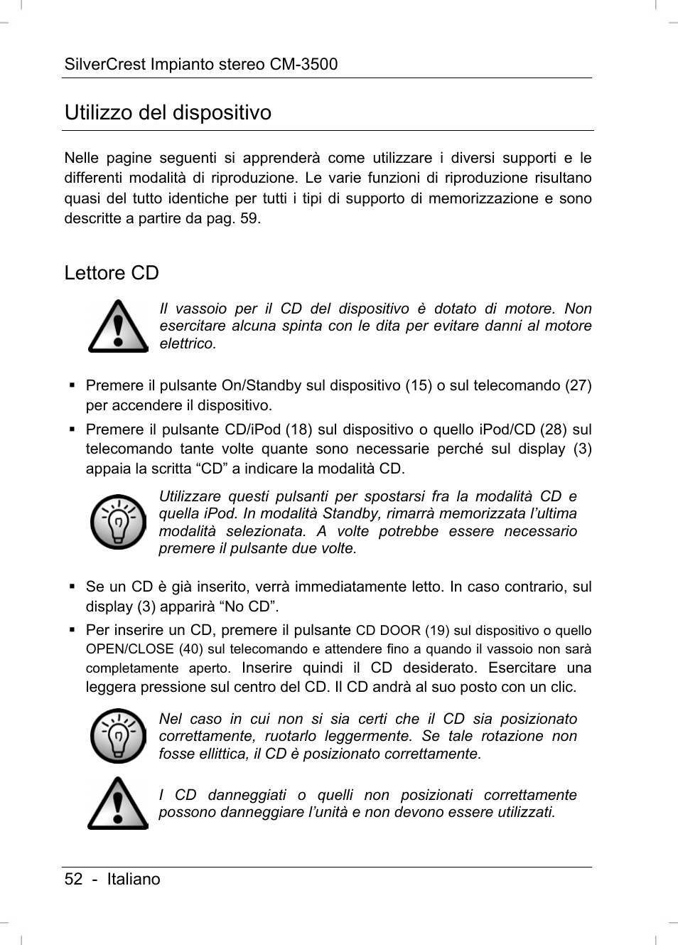 Utilizzo del dispositivo, Lettore cd | Silvercrest CM-3500 User Manual | Page 54 / 141