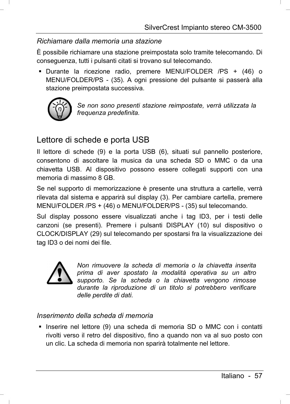 Lettore di schede e porta usb | Silvercrest CM-3500 User Manual | Page 59 / 141