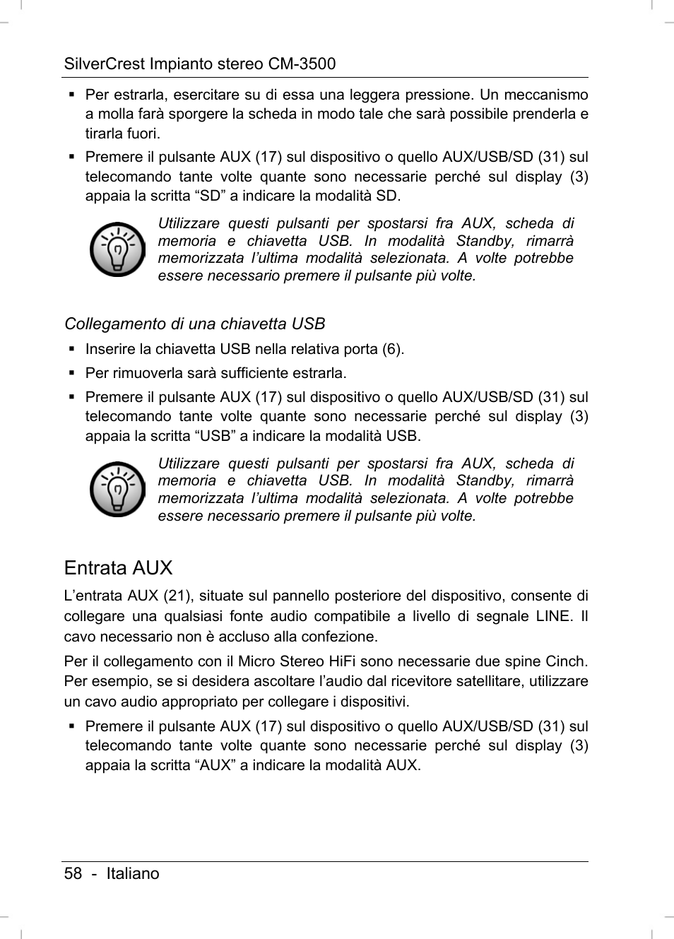 Entrata aux | Silvercrest CM-3500 User Manual | Page 60 / 141