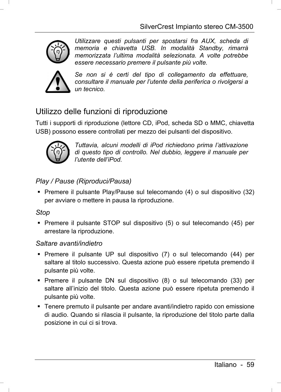 Utilizzo delle funzioni di riproduzione | Silvercrest CM-3500 User Manual | Page 61 / 141