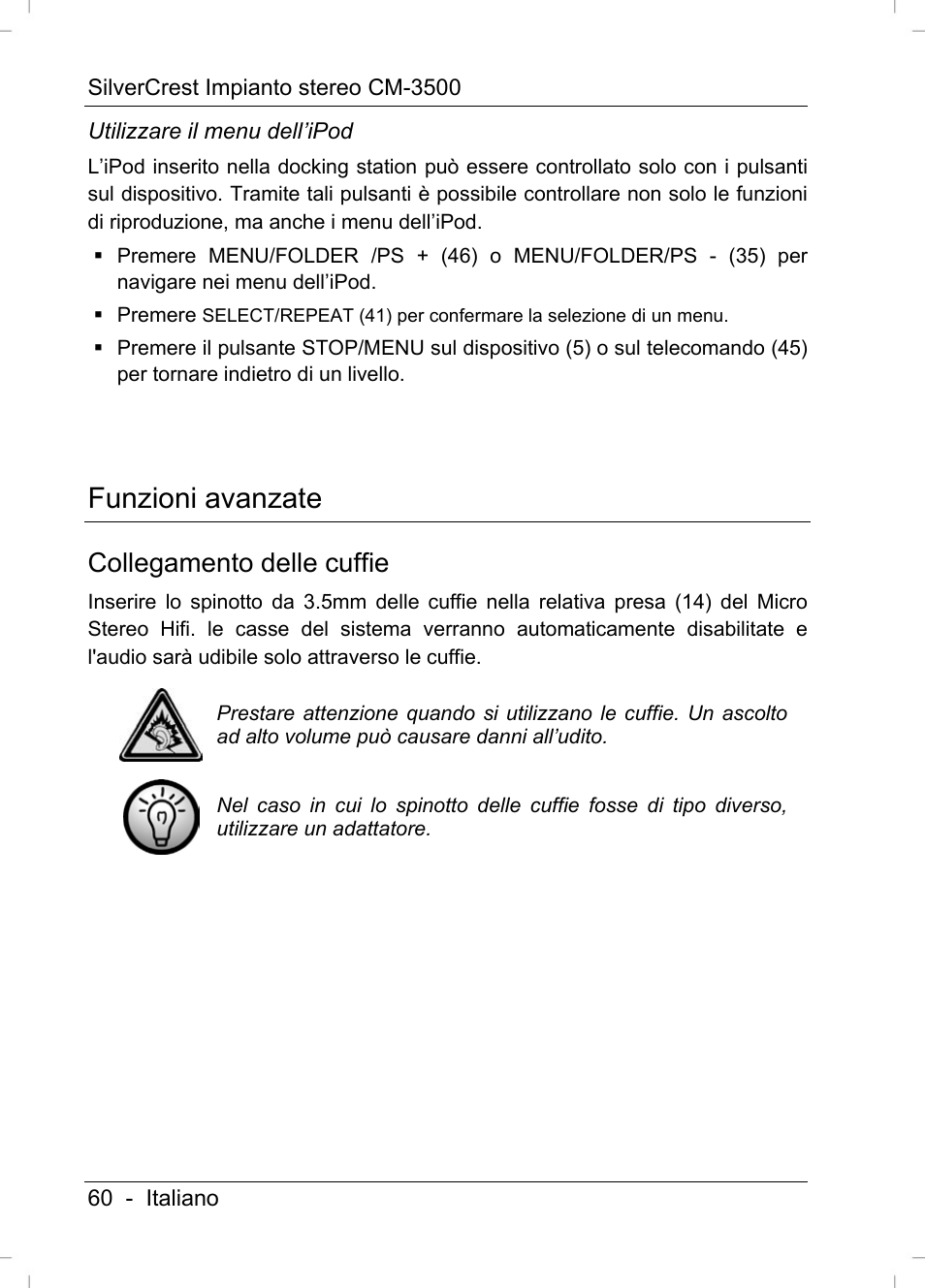 Funzioni avanzate, Collegamento delle cuffie | Silvercrest CM-3500 User Manual | Page 62 / 141