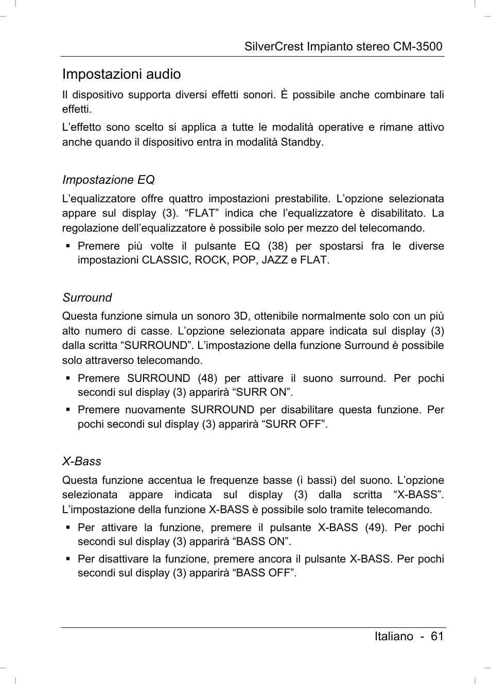 Impostazioni audio | Silvercrest CM-3500 User Manual | Page 63 / 141