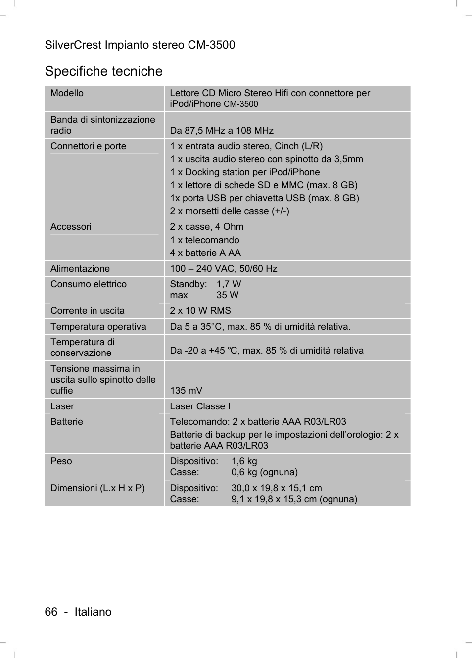 Specifiche tecniche | Silvercrest CM-3500 User Manual | Page 68 / 141