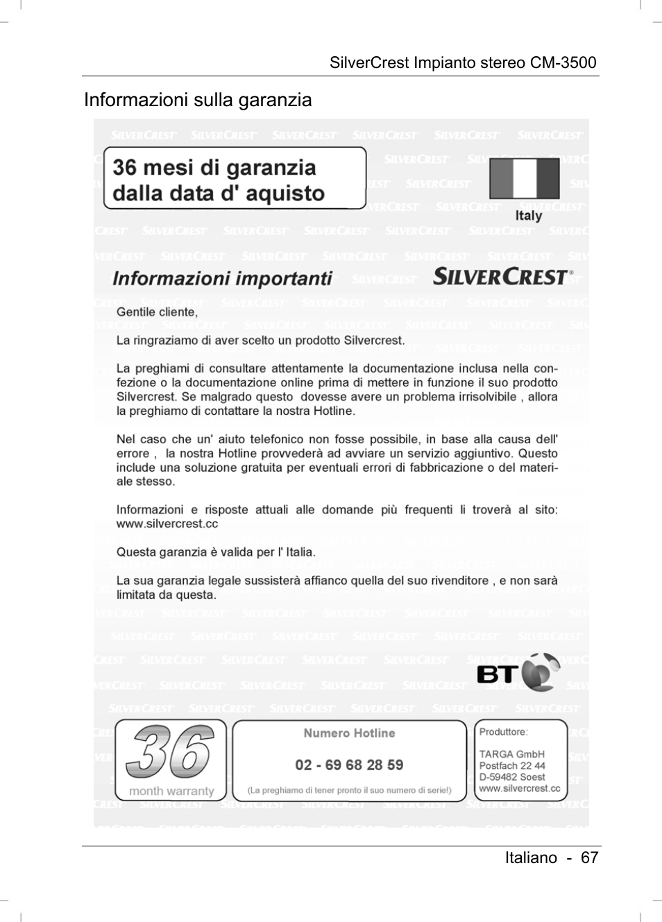 Informazioni sulla garanzia | Silvercrest CM-3500 User Manual | Page 69 / 141