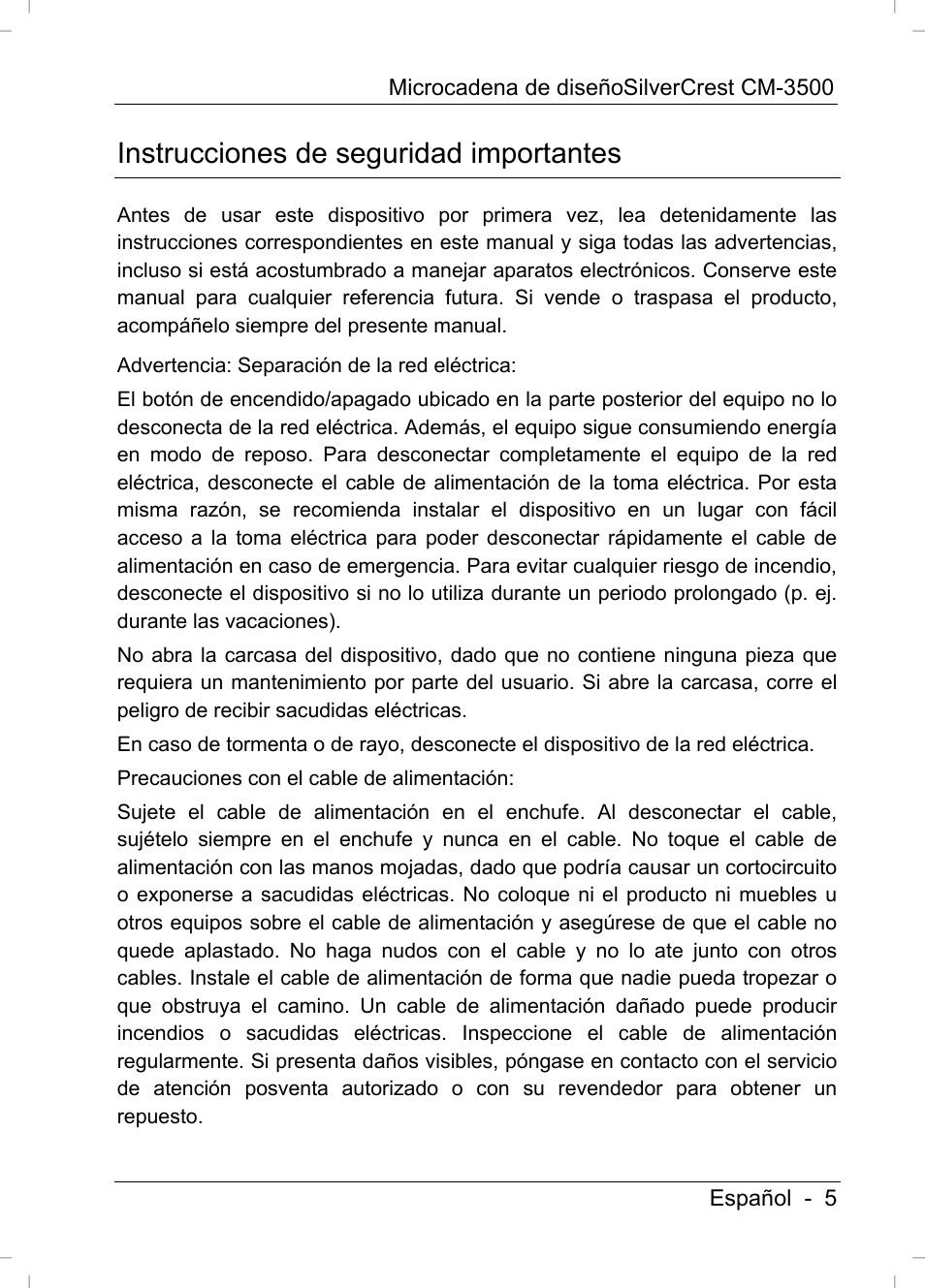 Instrucciones de seguridad importantes | Silvercrest CM-3500 User Manual | Page 7 / 141