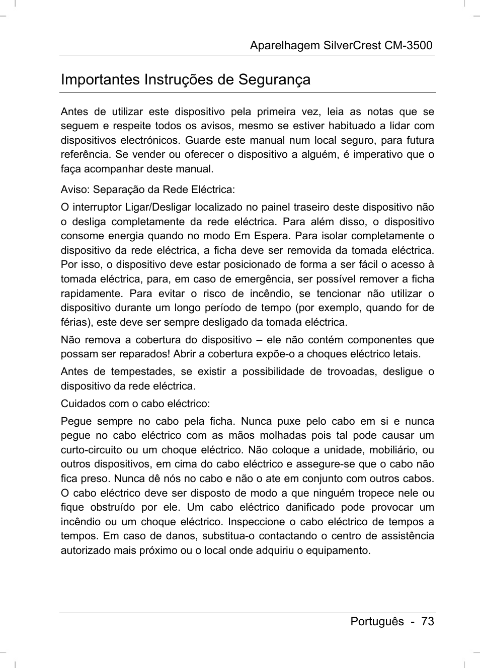 Importantes instruções de segurança | Silvercrest CM-3500 User Manual | Page 75 / 141