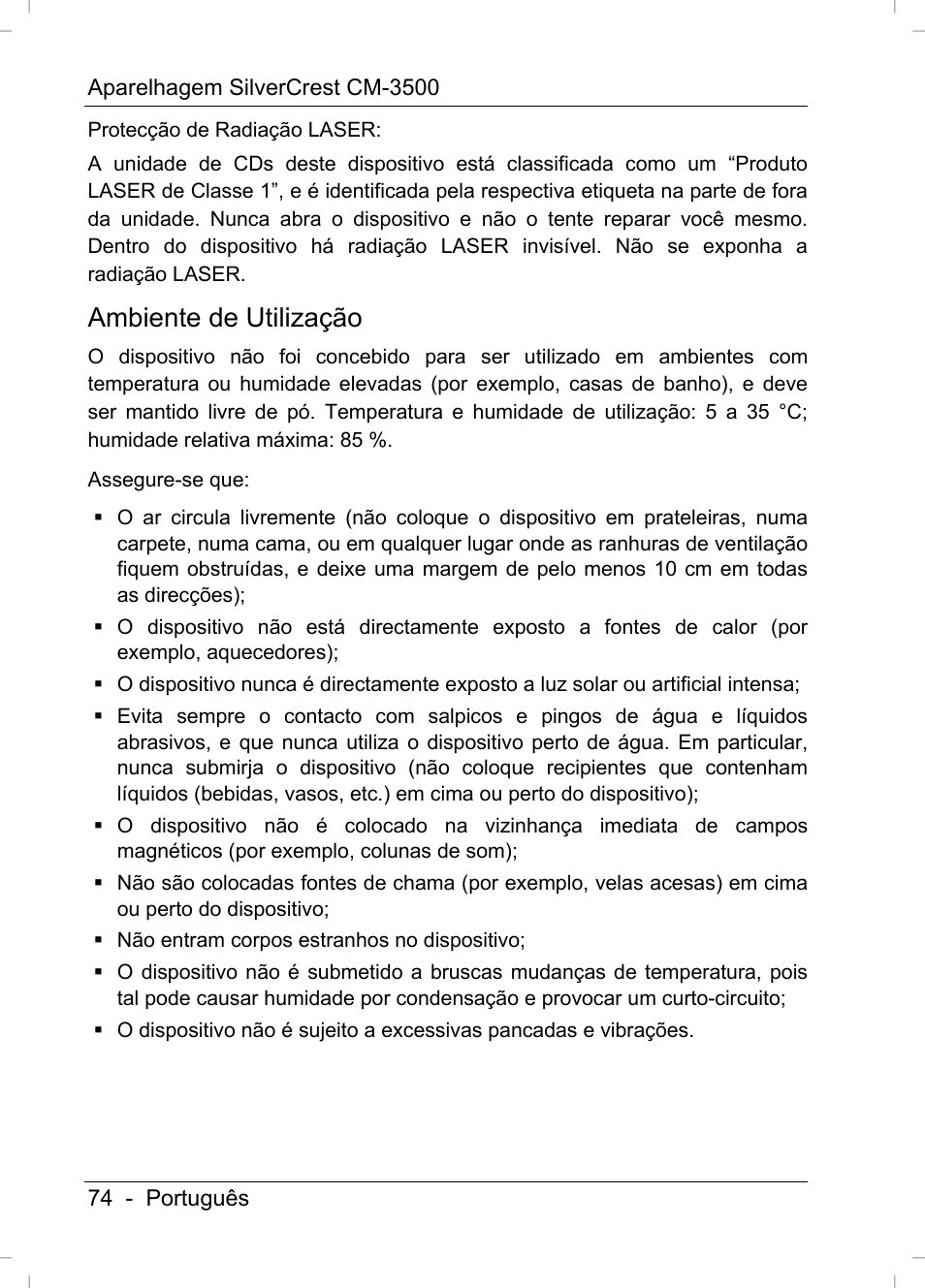Ambiente de utilização | Silvercrest CM-3500 User Manual | Page 76 / 141