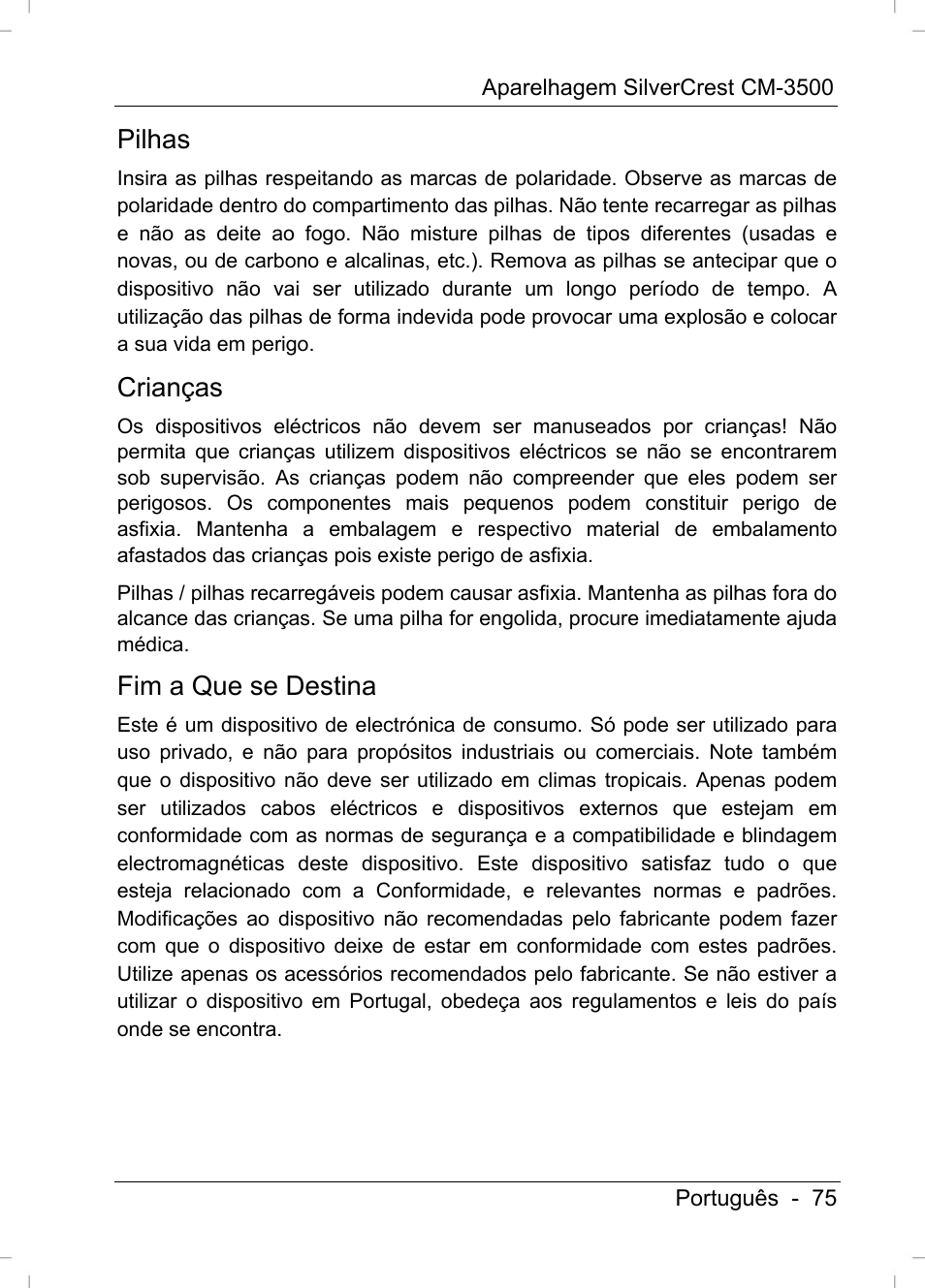 Pilhas, Crianças, Fim a que se destina | Silvercrest CM-3500 User Manual | Page 77 / 141