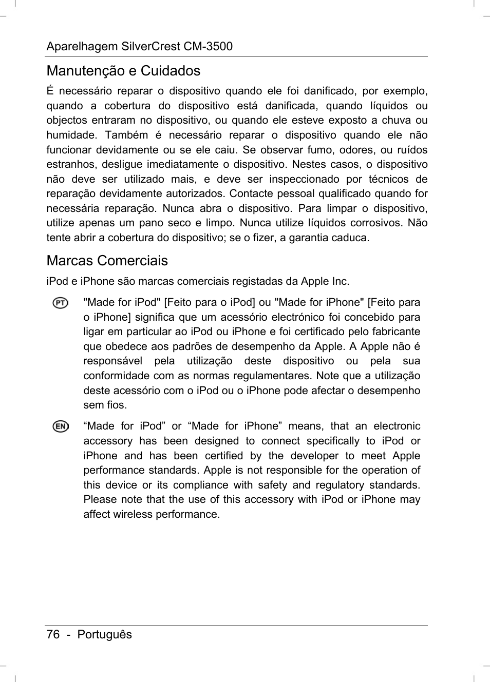 Manutenção e cuidados, Marcas comerciais | Silvercrest CM-3500 User Manual | Page 78 / 141