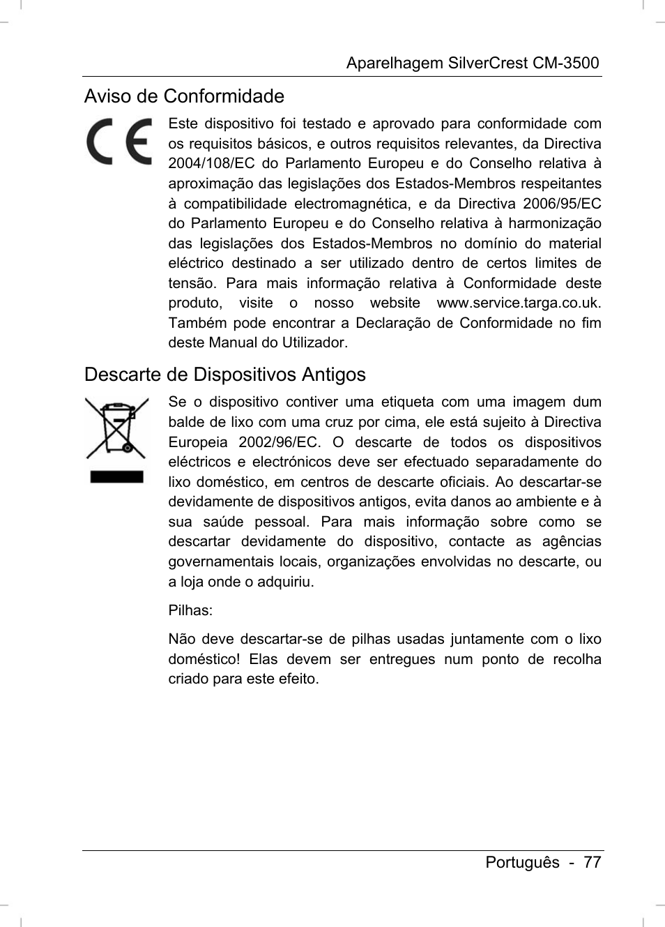 Aviso de conformidade, Descarte de dispositivos antigos | Silvercrest CM-3500 User Manual | Page 79 / 141