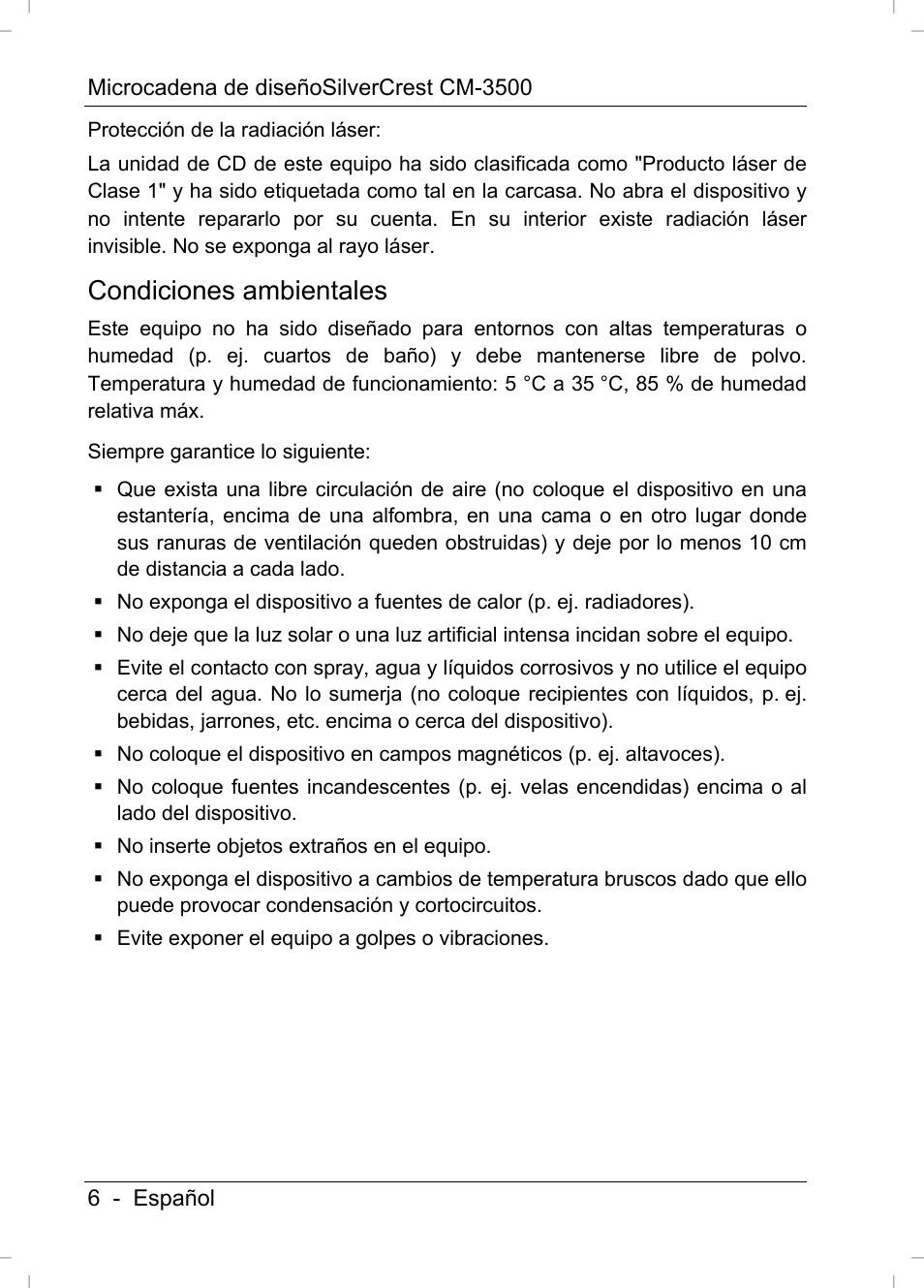 Condiciones ambientales | Silvercrest CM-3500 User Manual | Page 8 / 141