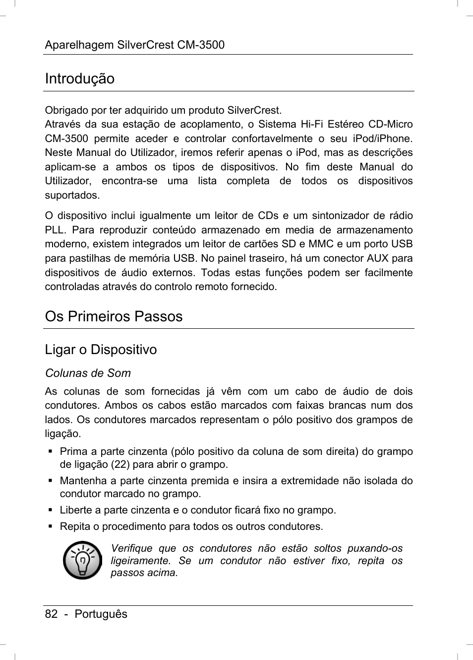 Introdução, Os primeiros passos, Ligar o dispositivo | Silvercrest CM-3500 User Manual | Page 84 / 141