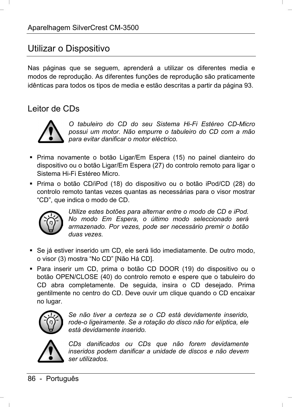 Utilizar o dispositivo, Leitor de cds | Silvercrest CM-3500 User Manual | Page 88 / 141