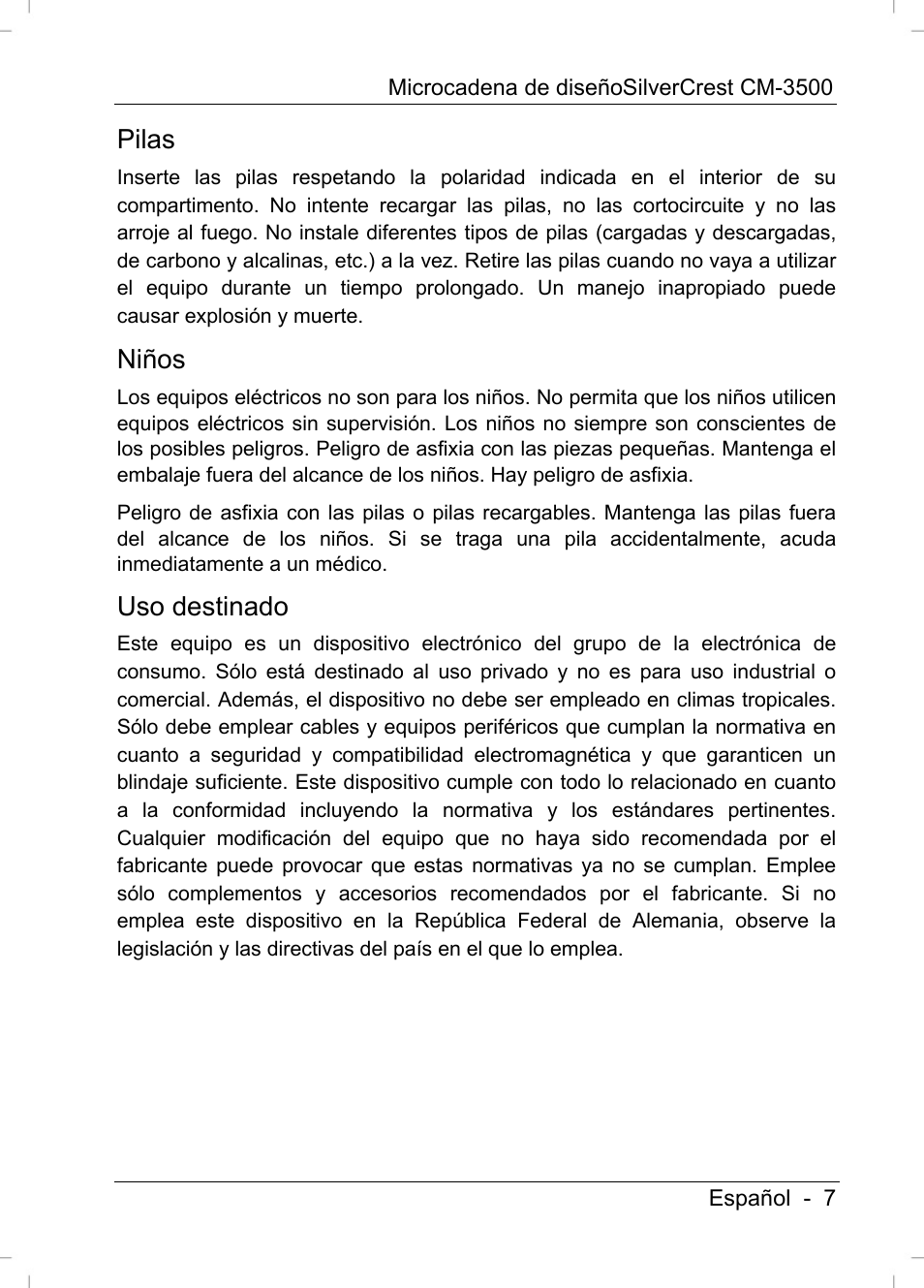 Pilas, Niños, Uso destinado | Silvercrest CM-3500 User Manual | Page 9 / 141