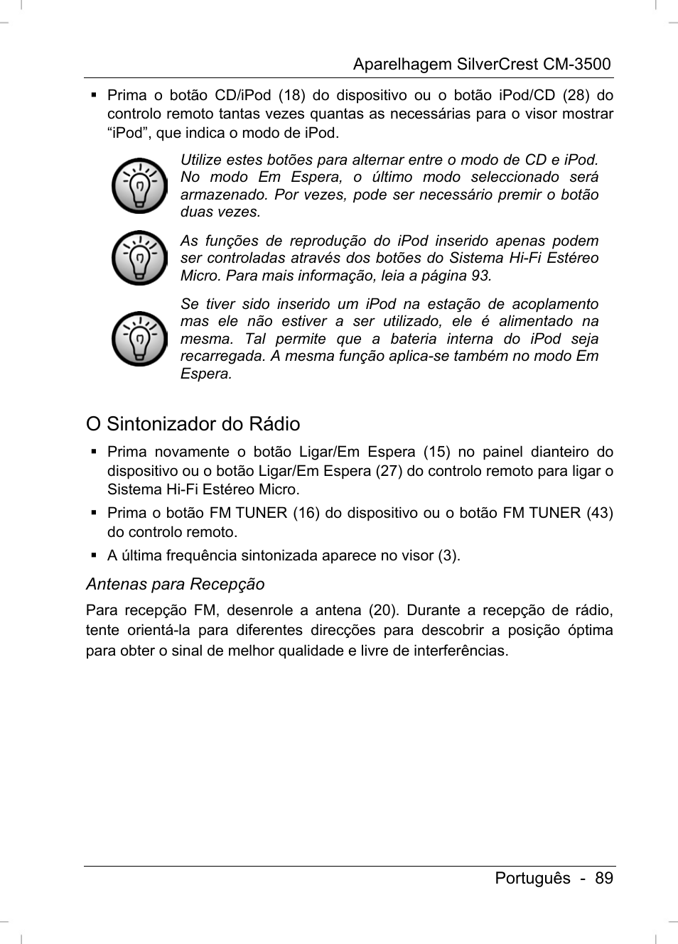 O sintonizador do rádio | Silvercrest CM-3500 User Manual | Page 91 / 141