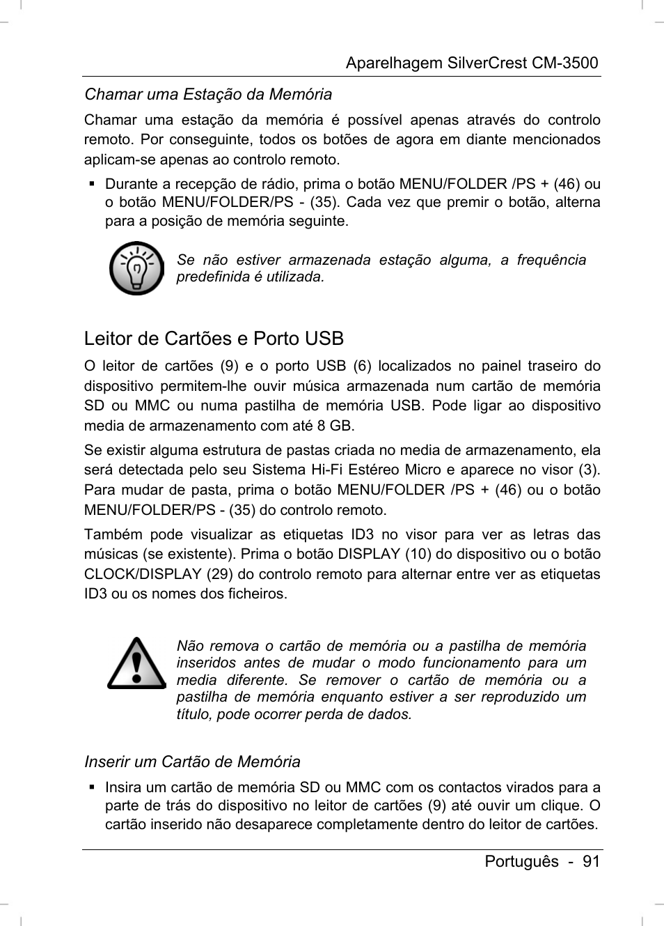 Leitor de cartões e porto usb | Silvercrest CM-3500 User Manual | Page 93 / 141