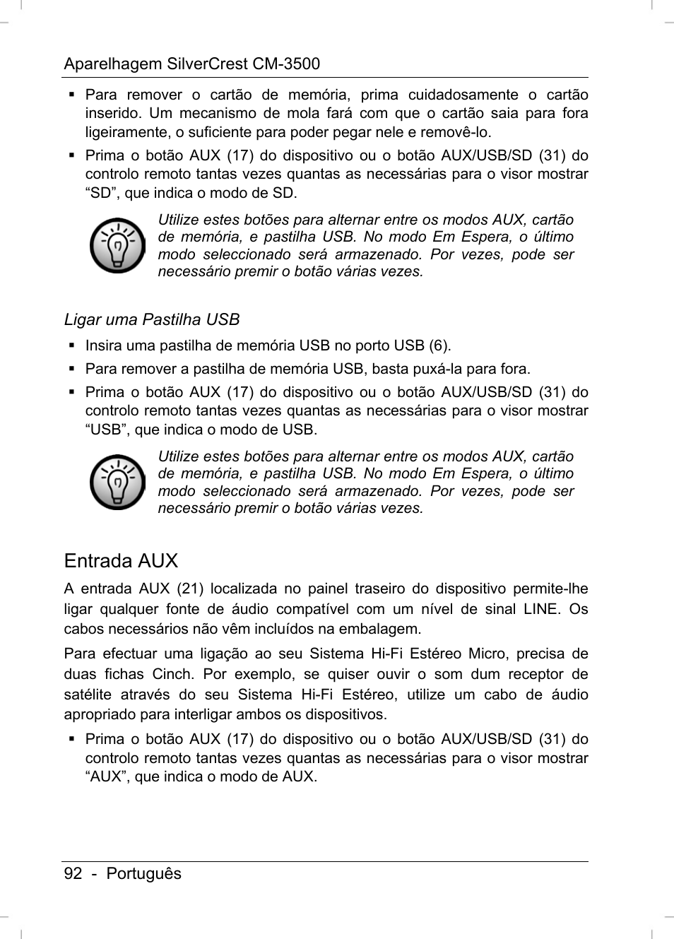 Entrada aux | Silvercrest CM-3500 User Manual | Page 94 / 141