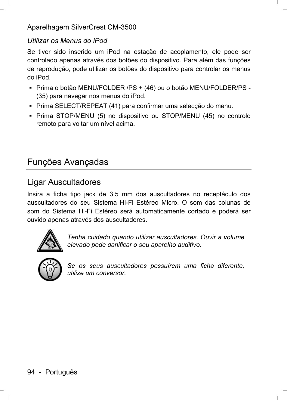 Funções avançadas, Ligar auscultadores | Silvercrest CM-3500 User Manual | Page 96 / 141