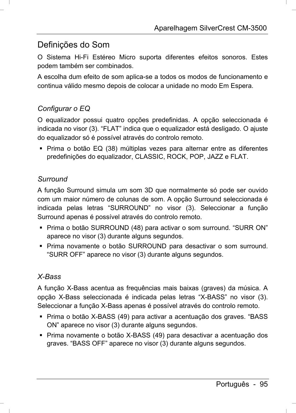 Definições do som | Silvercrest CM-3500 User Manual | Page 97 / 141