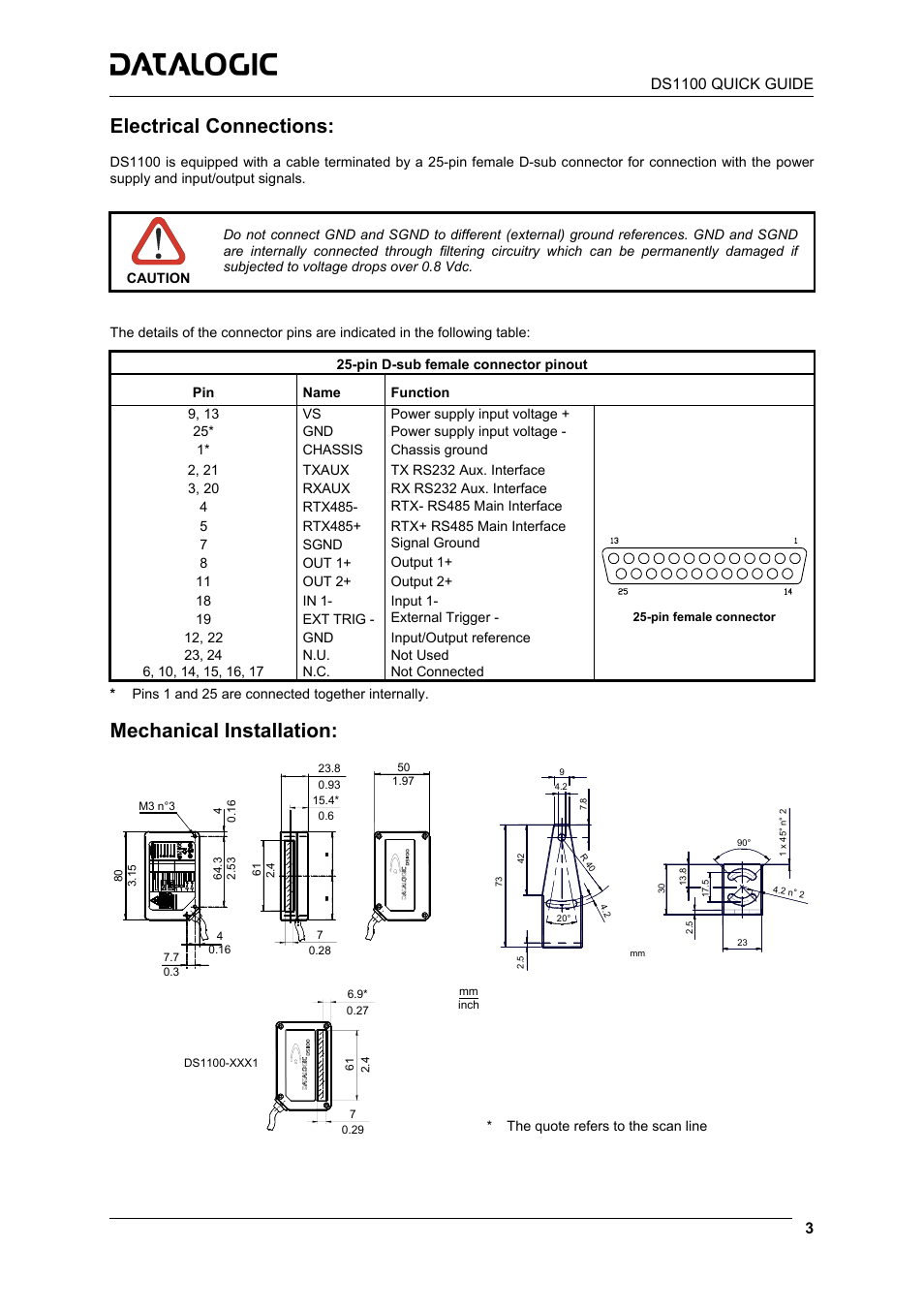 Electrical connections, Mechanical installation | Datalogic Scanning DS1100 User Manual | Page 3 / 8