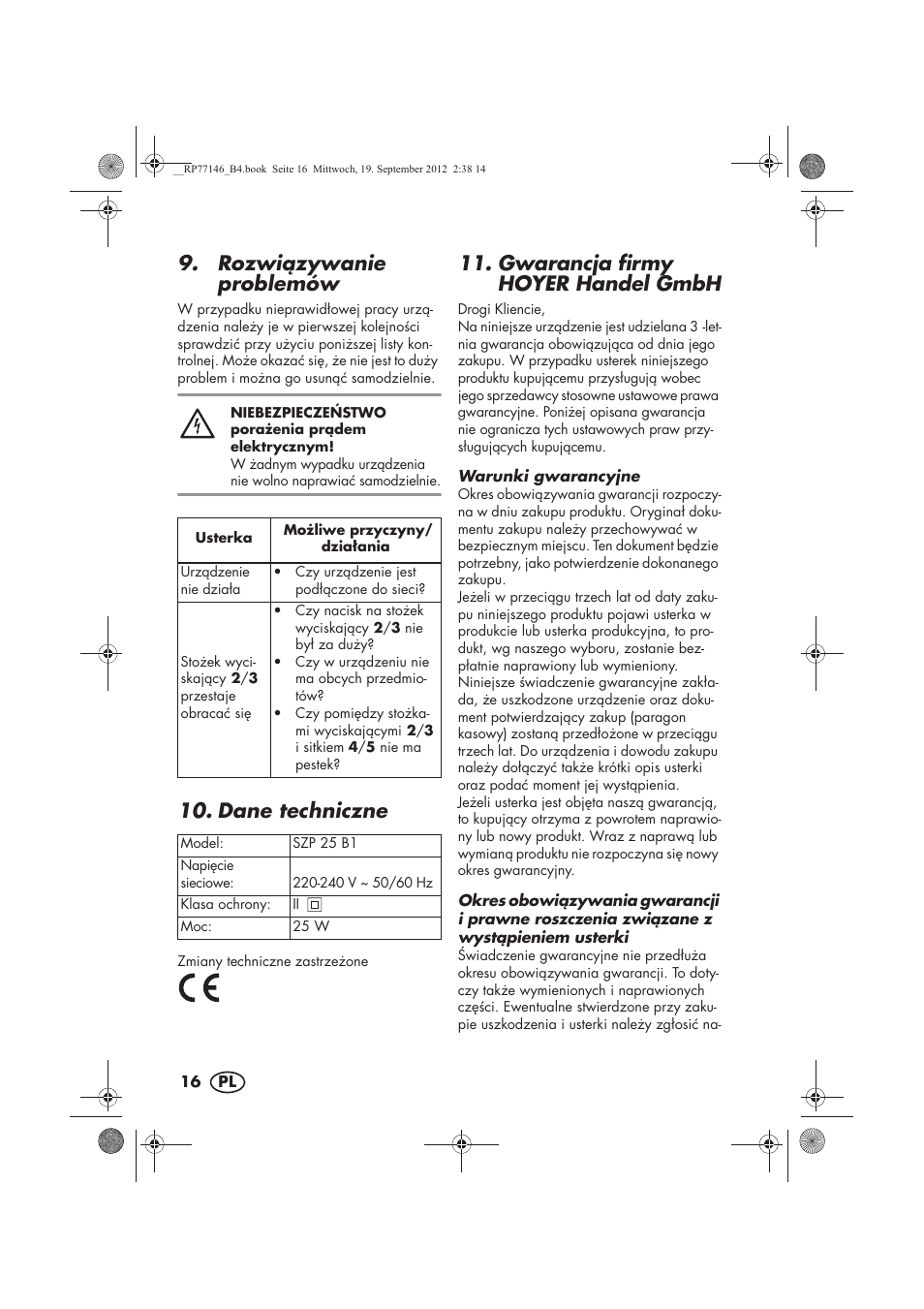 Rozwizywanie problemów, Dane techniczne, Gwarancja firmy hoyer handel gmbh | Silvercrest SZP 25 B1 User Manual | Page 18 / 62