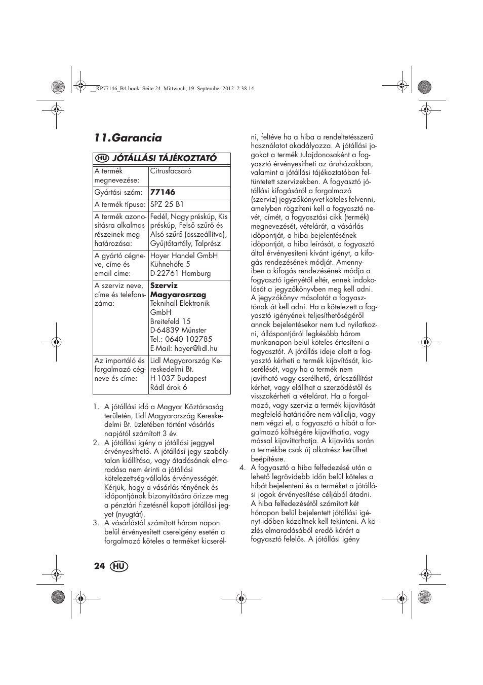 Garancia | Silvercrest SZP 25 B1 User Manual | Page 26 / 62