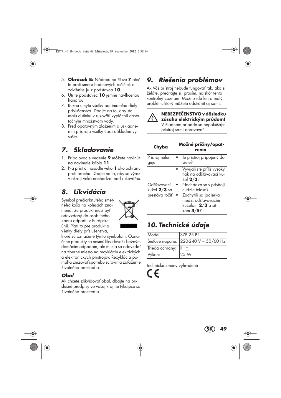 Skladovanie, Likvidácia, Riešenia problémov | Technické údaje | Silvercrest SZP 25 B1 User Manual | Page 51 / 62