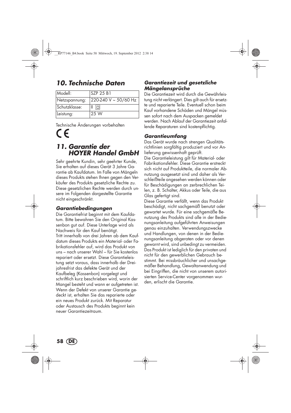 Technische daten, Garantie der hoyerhandel gmbh | Silvercrest SZP 25 B1 User Manual | Page 60 / 62