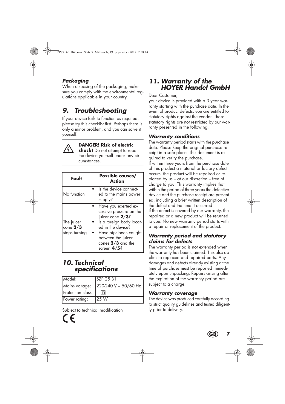 Troubleshooting, Technical specifications, Warranty of the hoyer handel gmbh | Silvercrest SZP 25 B1 User Manual | Page 9 / 62
